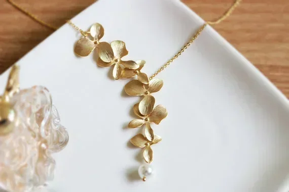 Handmade Orchid Flower w/Pearl Y Necklace - Gold Tone