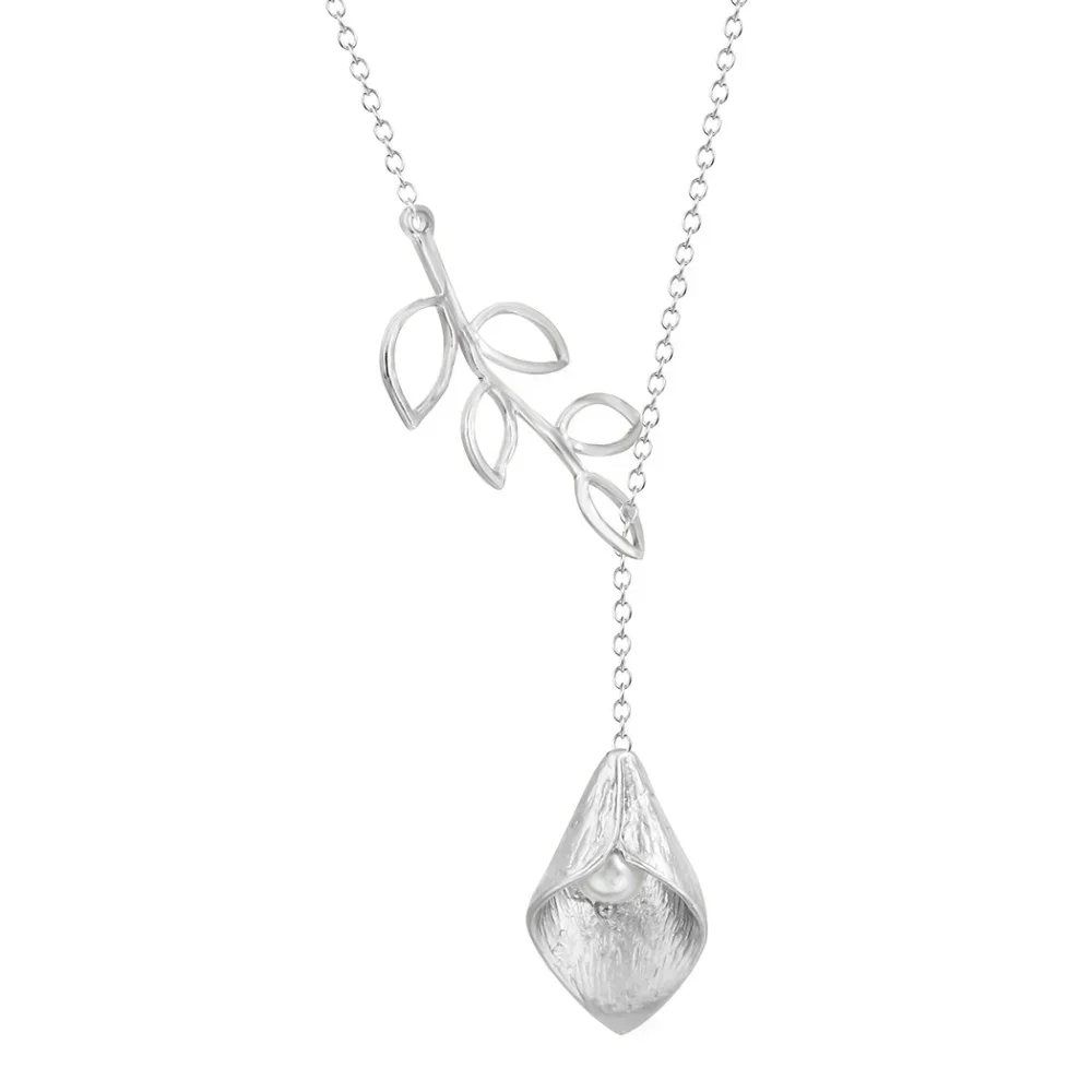 Handmade Calla Lily w/Pearl Y Necklace - Silver Tone