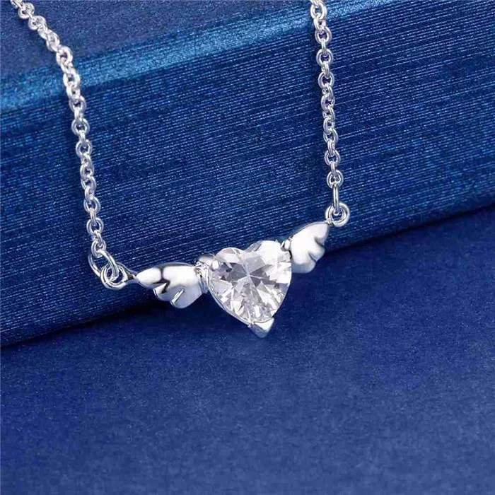 CZ Heart Angel Pendant Necklace - (925) Silver Plated