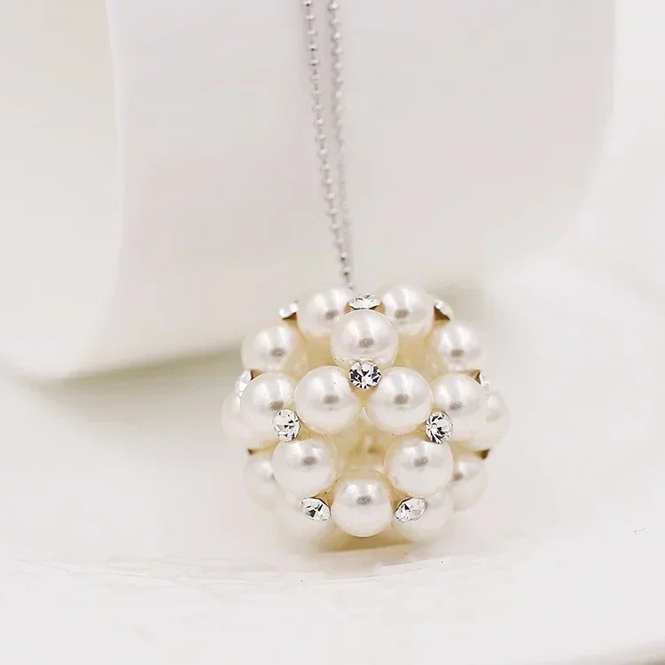 Handmade Pearl Zircon Ball Necklace - Gold Tone