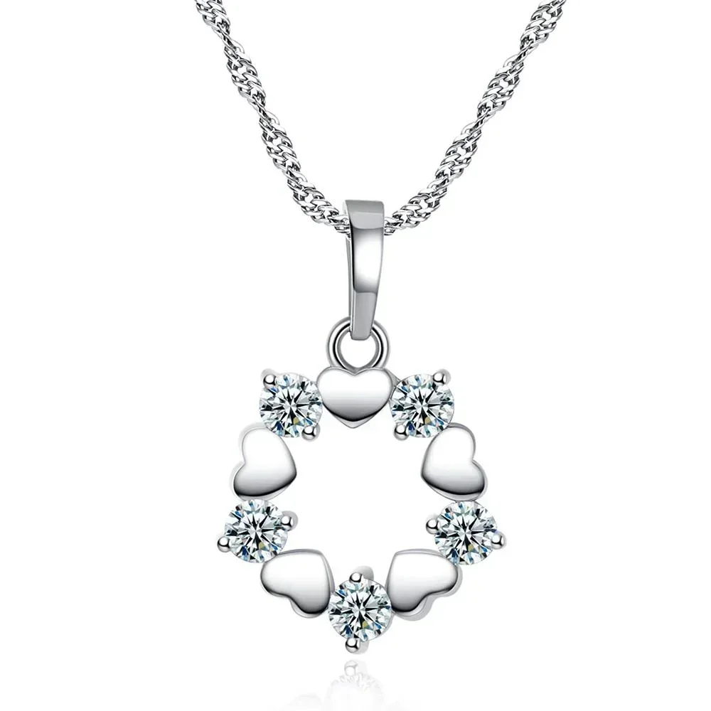 Wreath w/ White Crystal Pendant Necklace - Silver Tone