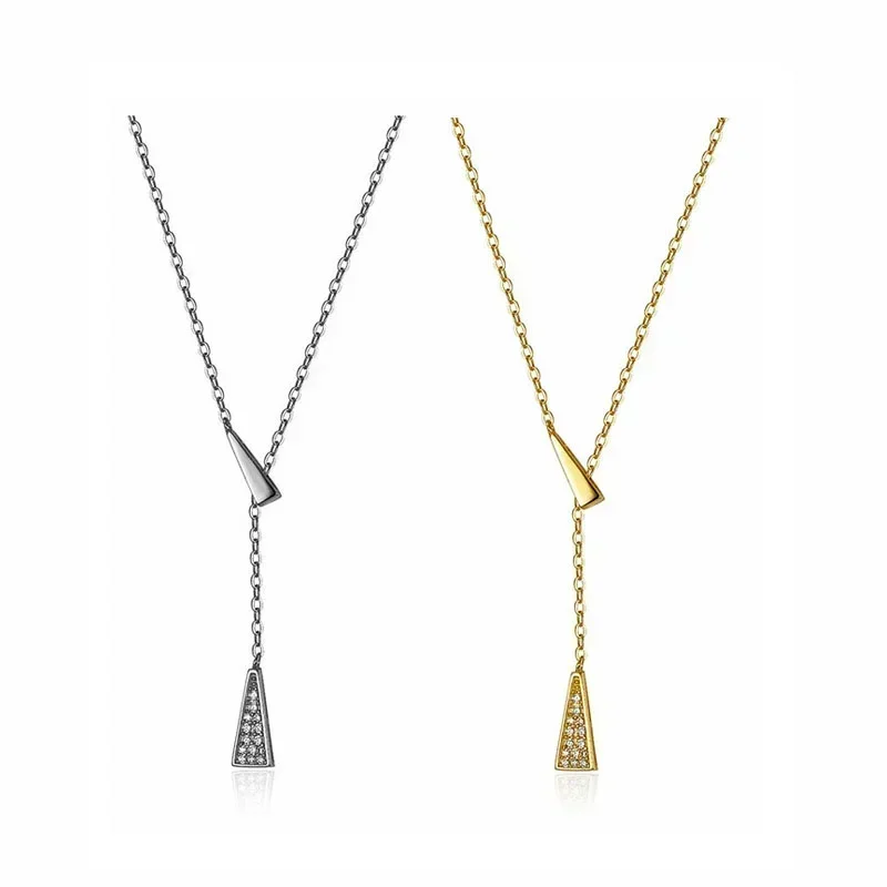 Triangle Crystal Drop Clavicle Chain Necklace - Silver Tone - Adjustable