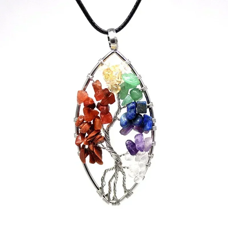 Handmade Oval Tree Of Life 7 Chakra Pendant Necklace - Silver Tone - M1