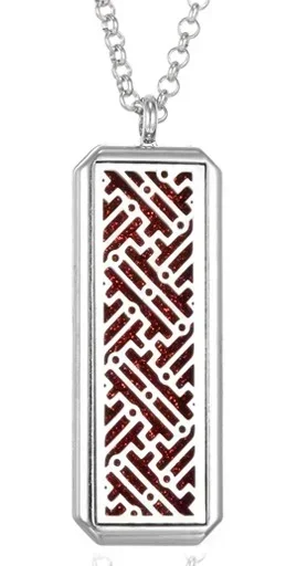 Rectangle Vector Pattern Aroma Oil Diffuser Magnetic Locket Pendant Necklace - Silver Tone