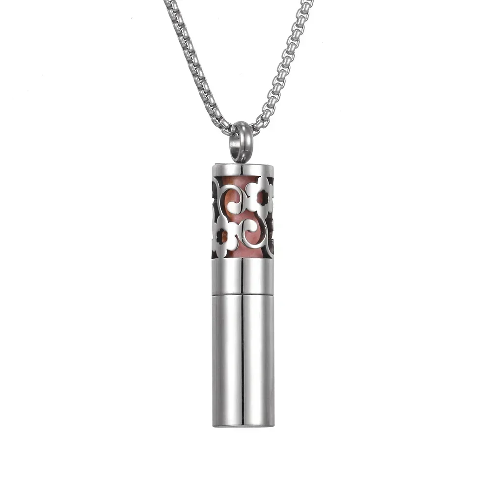 Flower Essential Oil Diffuser Tube Pendant Necklace - Silver Tone