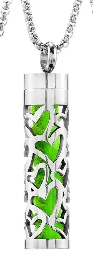 Cylinder Heart Aroma Oil Diffuser Pendant Necklace - Silver Tone