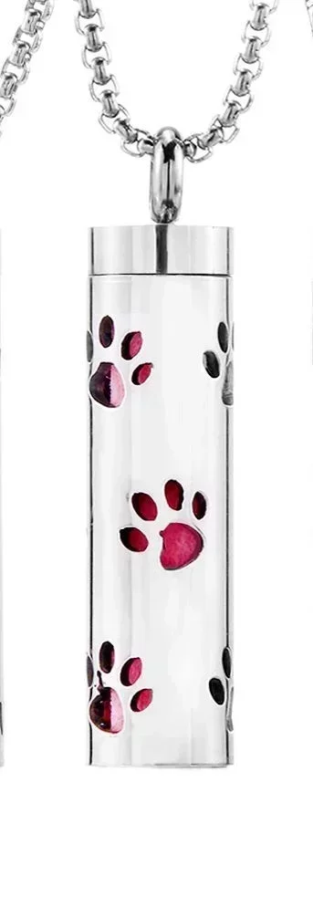 Cylinder Paw Aroma Oil Diffuser Pendant Necklace - Silver Tone