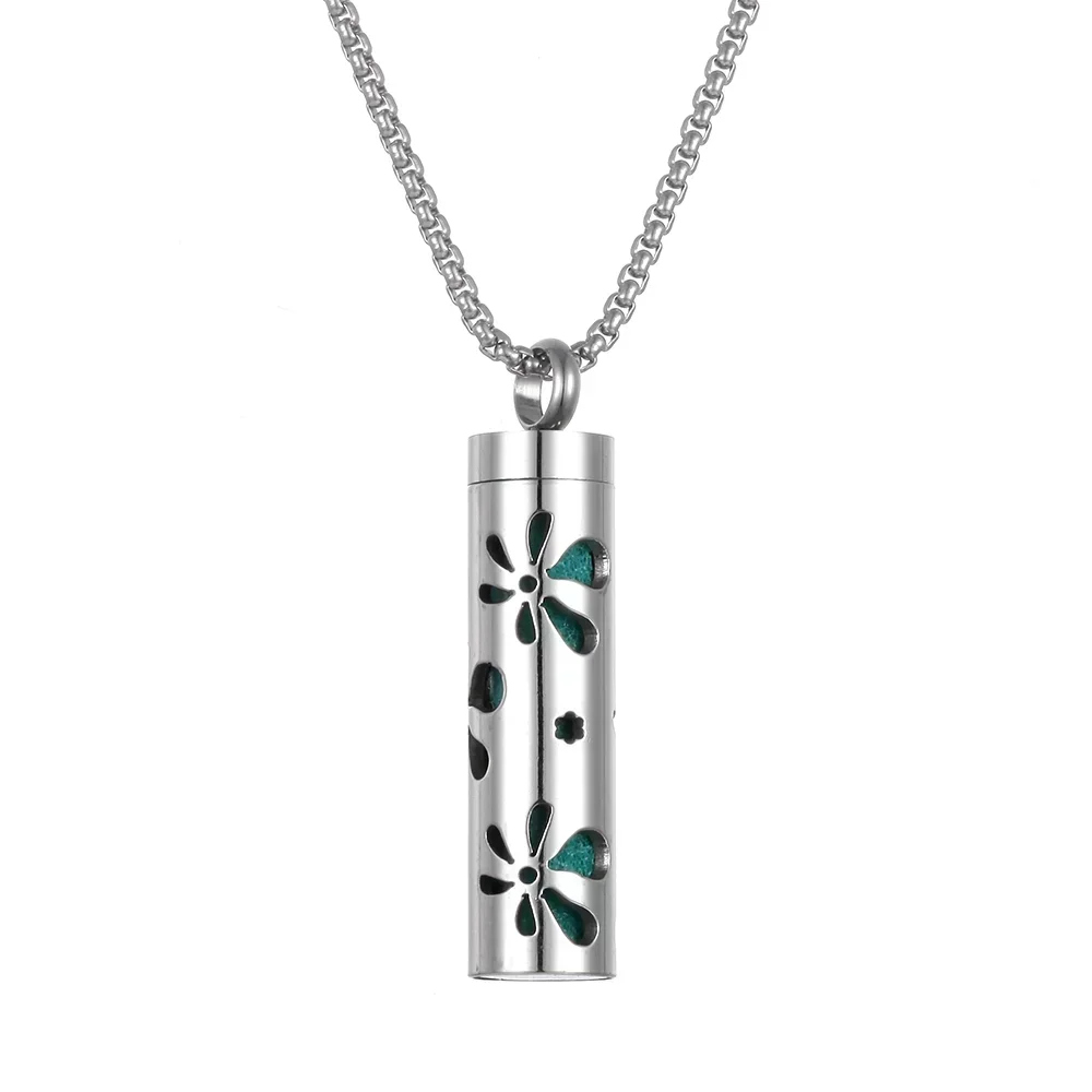 Cylinder Heart Flower Aroma Oil Diffuser Pendant Necklace - Silver Tone