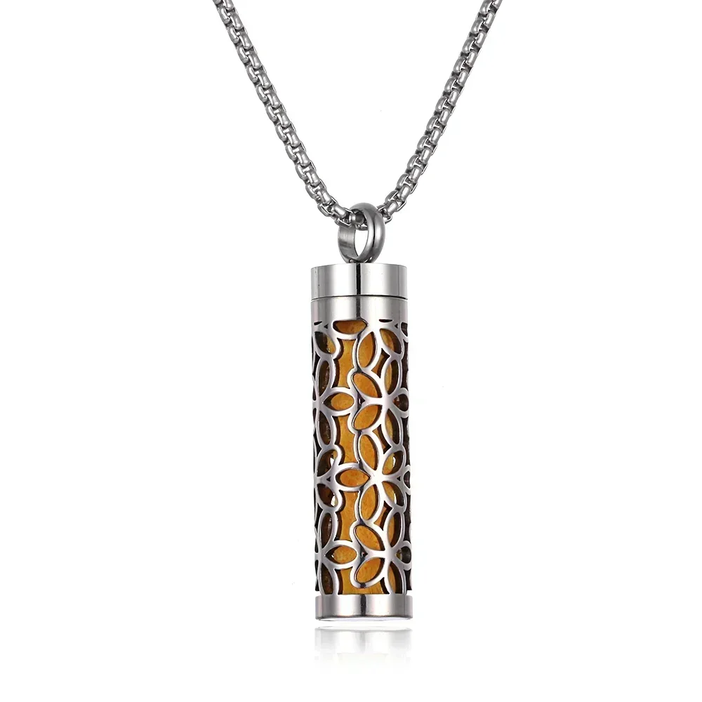 Cylinder Hollow Flower Aroma Oil Diffuser Pendant Necklace - Silver Tone