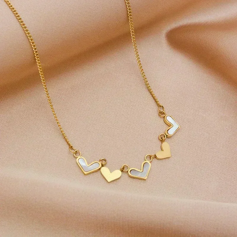 Stainless Steel Mother Shell Heart Chain Necklace - Gold Tone
