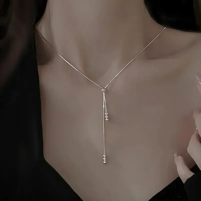 Bead Drop Clavicle Chain Y-Shape Necklace - Silver Tone - Adjustable