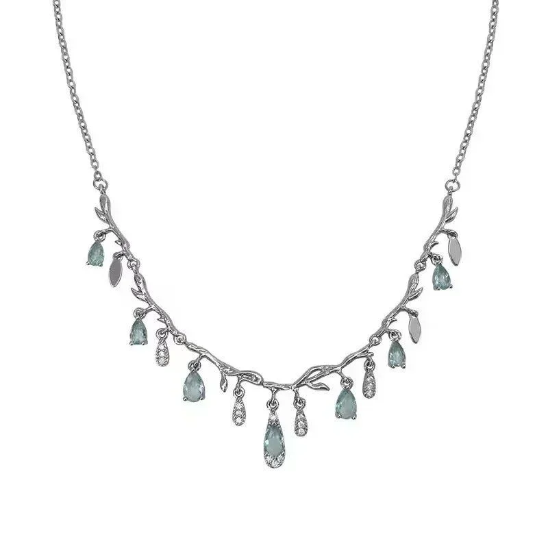 Sky Blue Tassel Water Drop Choker Necklace - Silver Tone