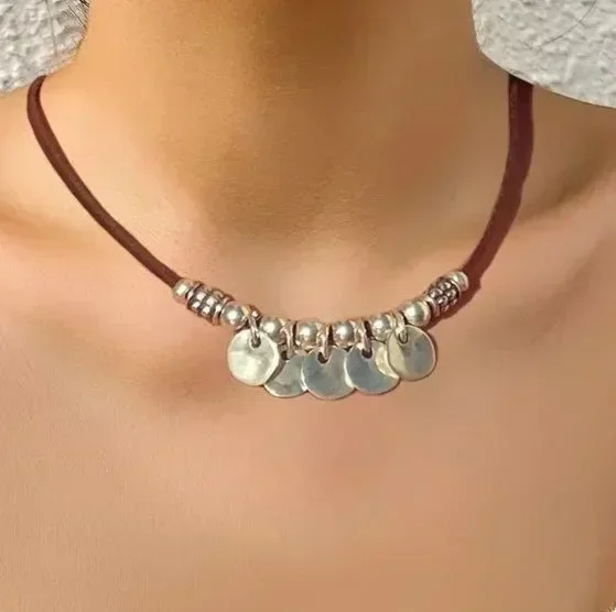 Handmade Disc Charm Rope Necklace - Bronze Tone