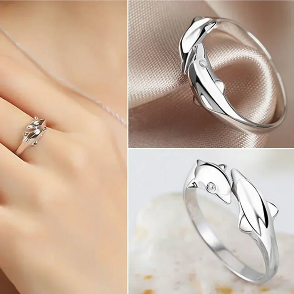 Double Dolphins Resizable Ring - (S925) Silver Plated