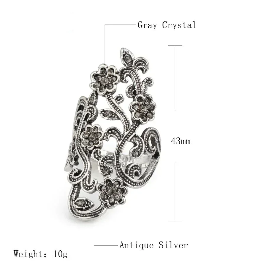 Vintage Gray Crystal Flower Ring - Silver Tone