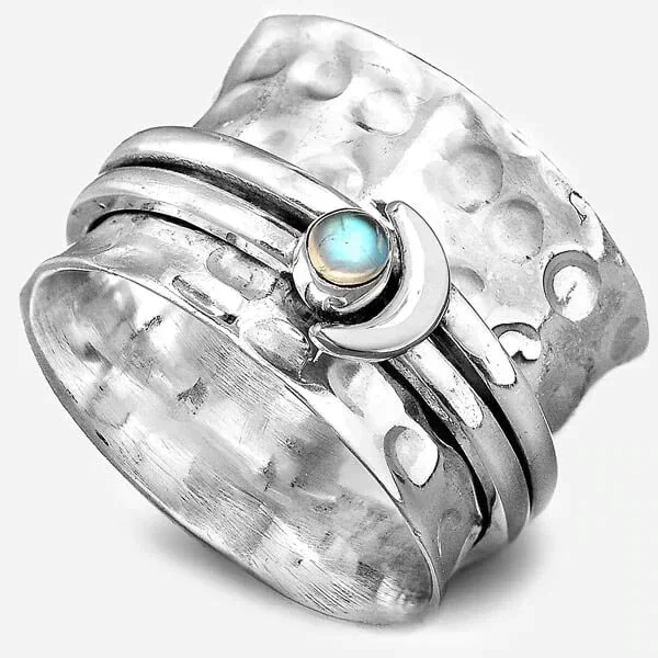 Vintage Inlaid Leaf Warped Ring - Silver Tone