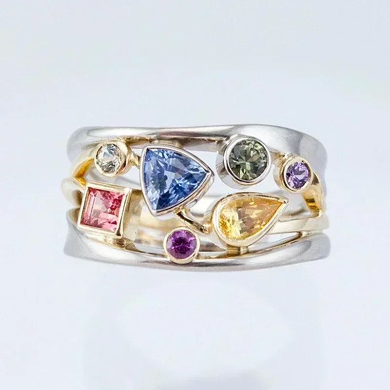 Colorful Crystal Shape Ring - (S925) Silver Plated