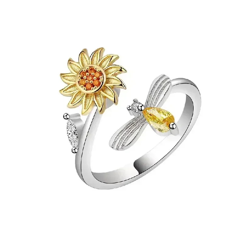 Front Open Spin Sunflower Ring - Silver Tone - Adjustable