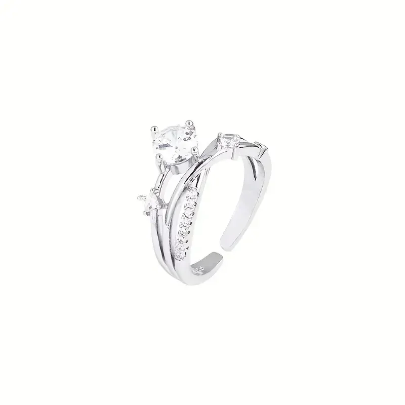 Crystal Two Tangle Rings - Silver Tone - Adjustable