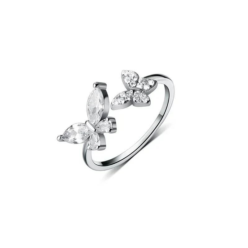 White Crystal Butterfly Ring -  (S925) Silver Plated - Adjustable