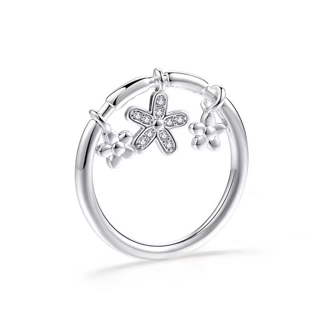Flower Charm Ring - Silver Tone