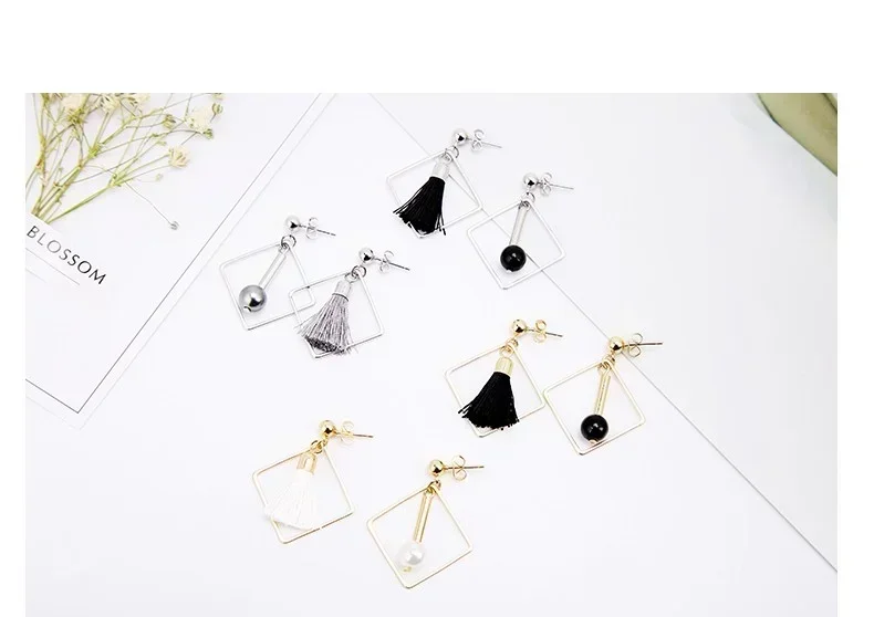Asym.Sq. White Pearl Tassel Earrings - SilverTone