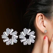 Ice Crystal Flower Stud Earrings - Silver Tone