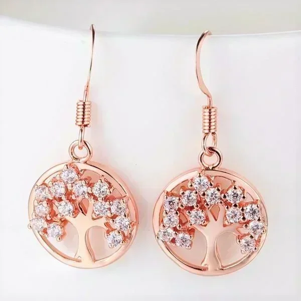 CZ Tree of Life Drop Hook Earrings - Rose Gold Tone