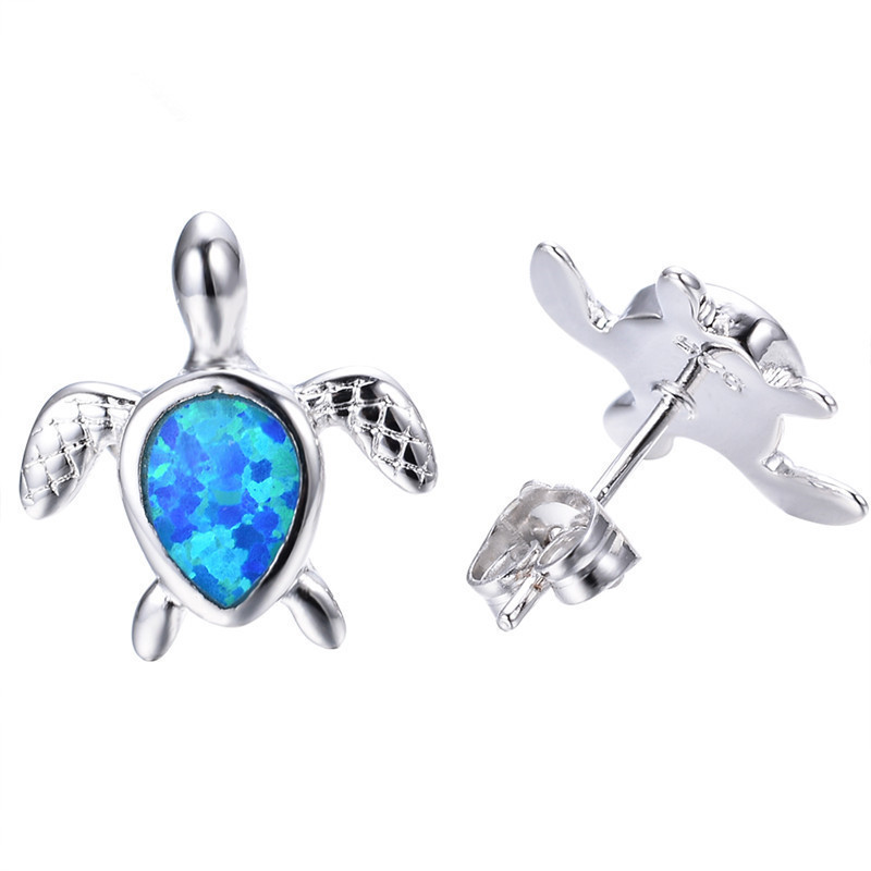 Sterling Silver Opal Blue Turtle Stud Earrings - (S925) Silver