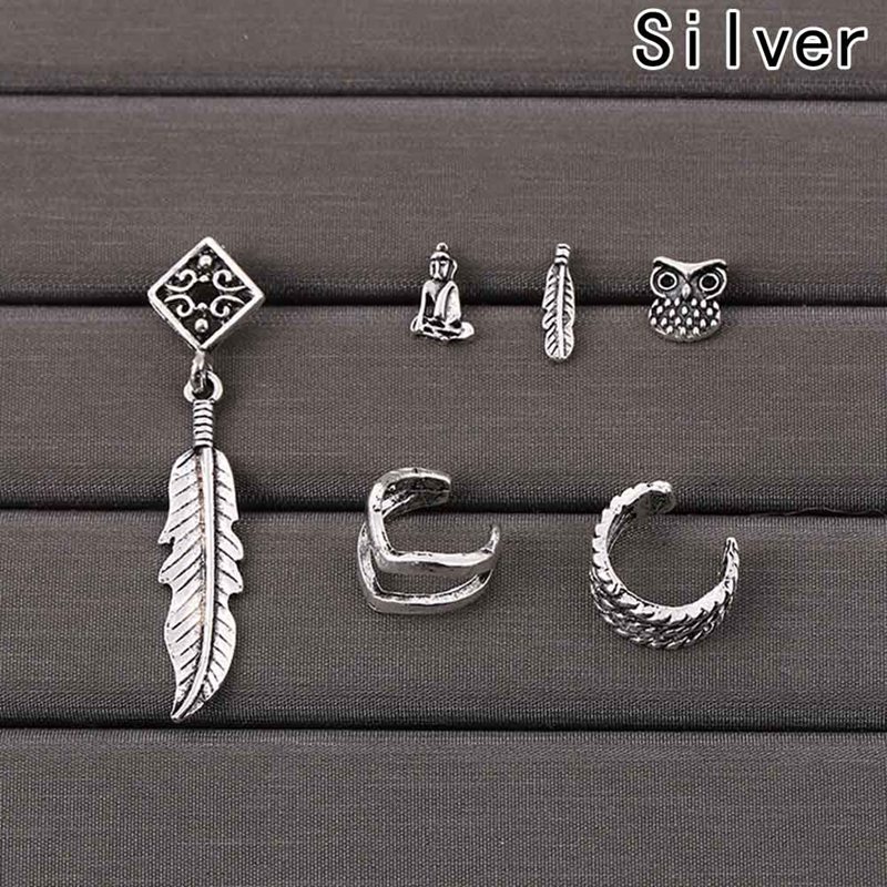 7 Pieces of Bohemia Ear Clip and Stud Earrings Set - Silver Tone