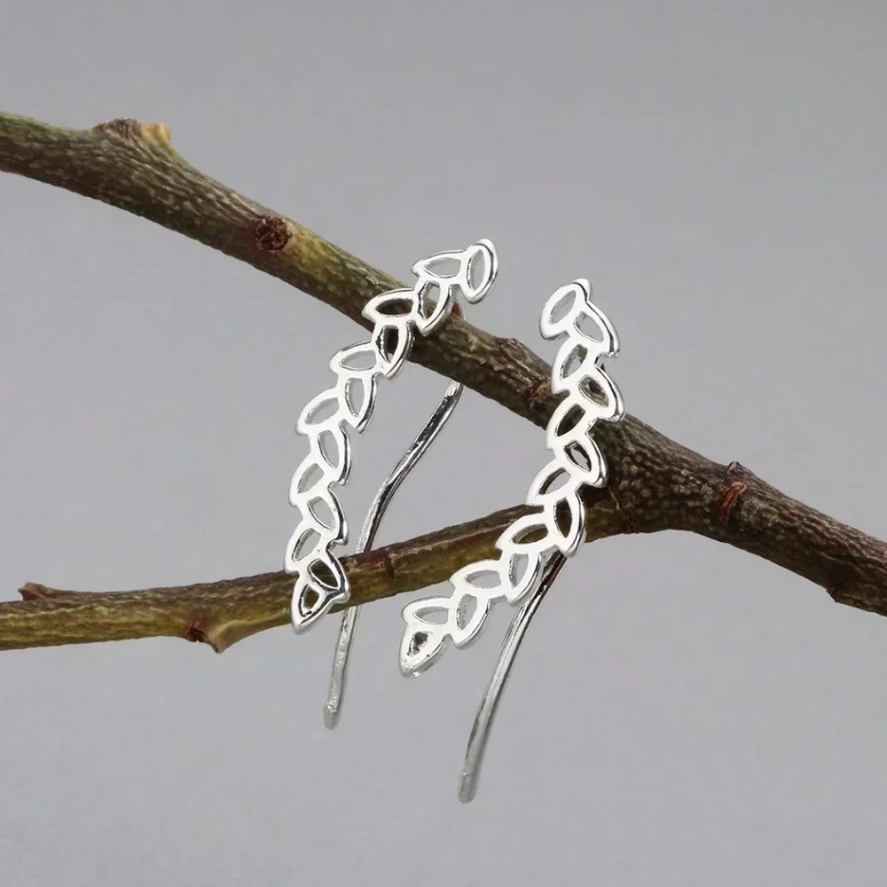 Laurel Branch Ear Climbers Stud Earrngs - Silver Tone