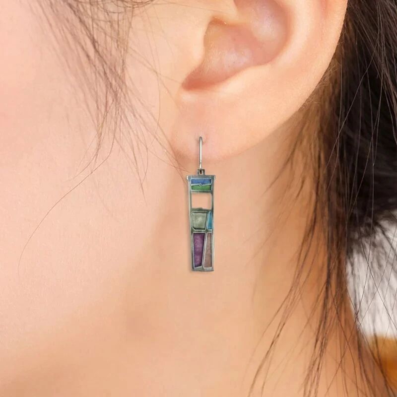 Vintage Multicolor Mosaic Drop Hook Earrings - Vintage Silver Tone