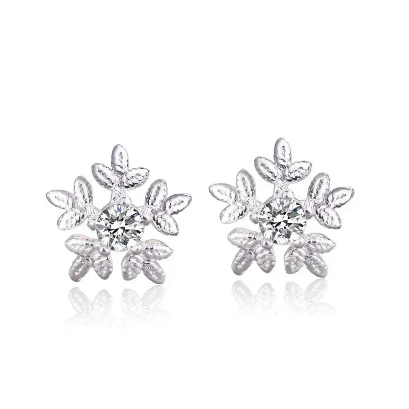 Inlaid Snowflake w/ CZ Stud Earrings - (S925) Silver Plated