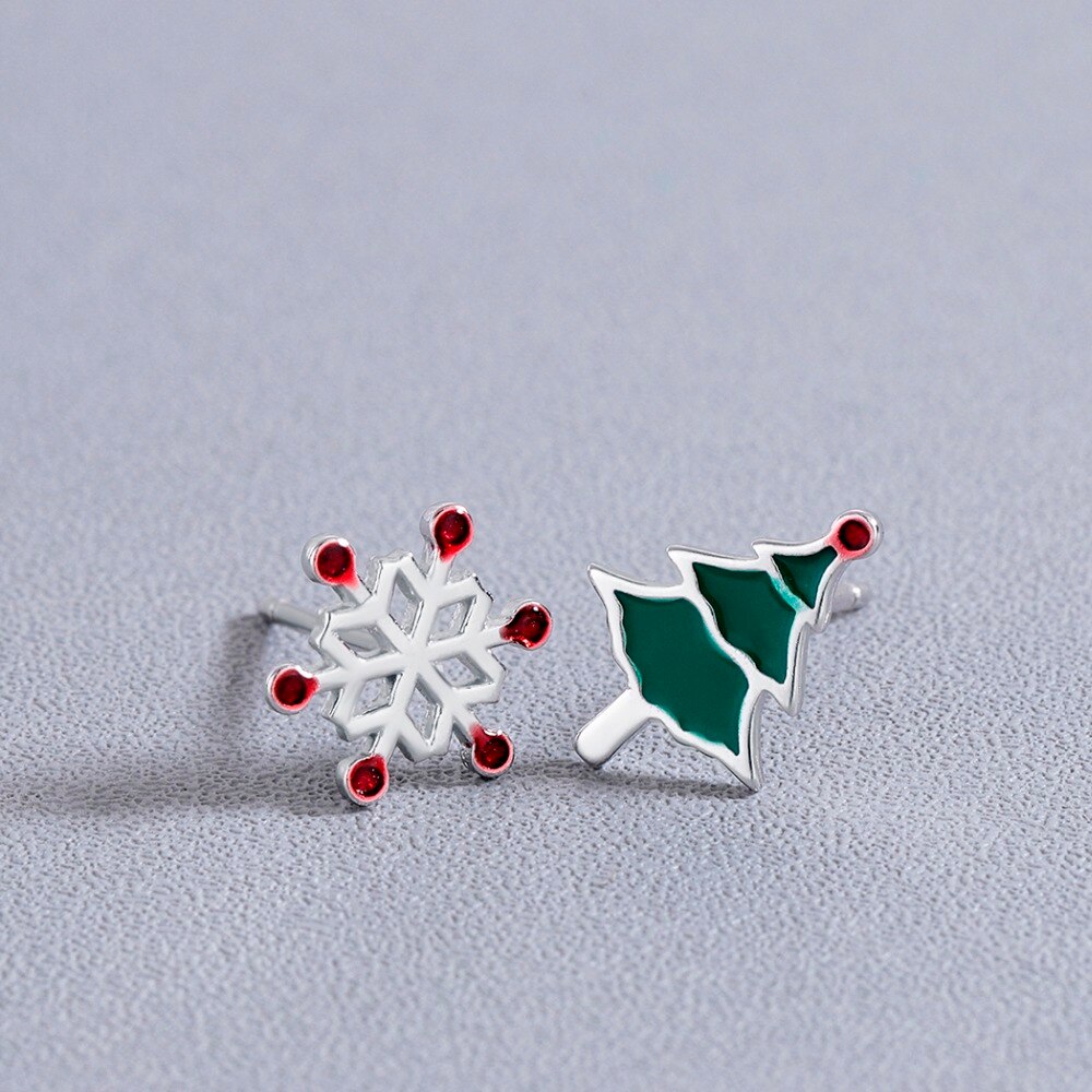 Snowflake Christmas Tree Stud Earrings - (S925) Silver Plated - M1