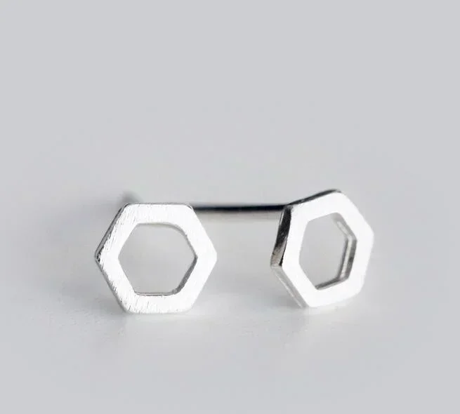 Satinless Steel Open Hexagon Stud Earrings - Silver Tone