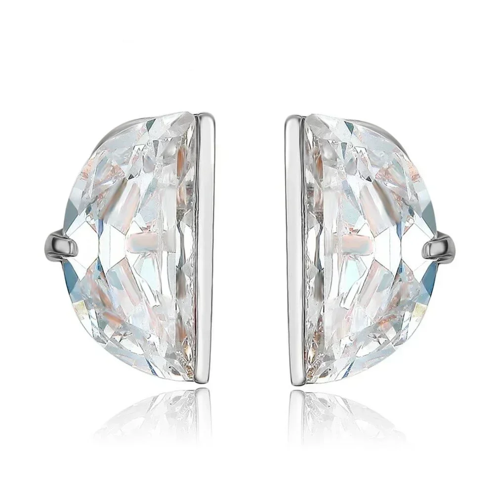 Half Round CZ  Stud Earrings - Rhodium Plated