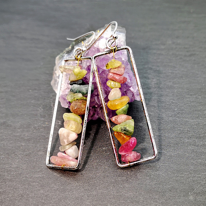 Handmade Stacked irregular Bead Dangle Hook Earrings - Silver Tone