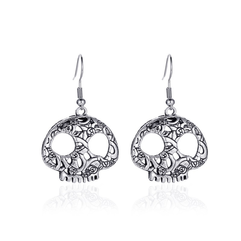 Skull Drop Hook Earrings - Silver Tone