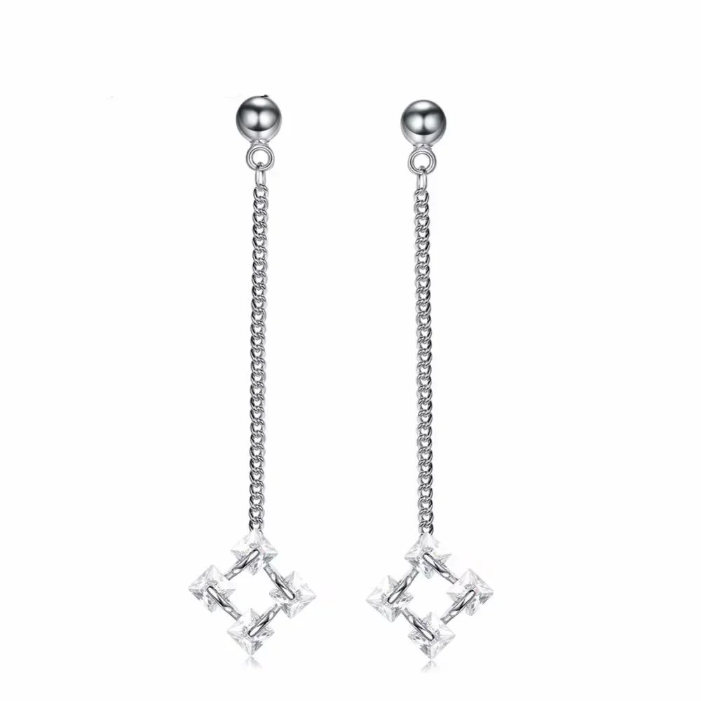 Diamond Shape Crystal Long Drop Dangle Stud Earrings - Silver Tone