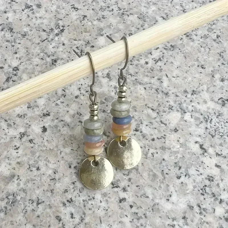Handmade Vintage Multi Color Stacked Bead  Dangle Hook Earrings - Bronze Tone