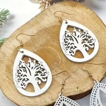 5 Pairs White Wooden Hollow Geometric Drop Hook Earrings - Gold Tone (Set)