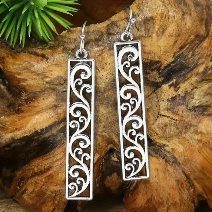 16 Hand Made Carved Pateern Drop Hook Earrings - Silver Tone (Set)