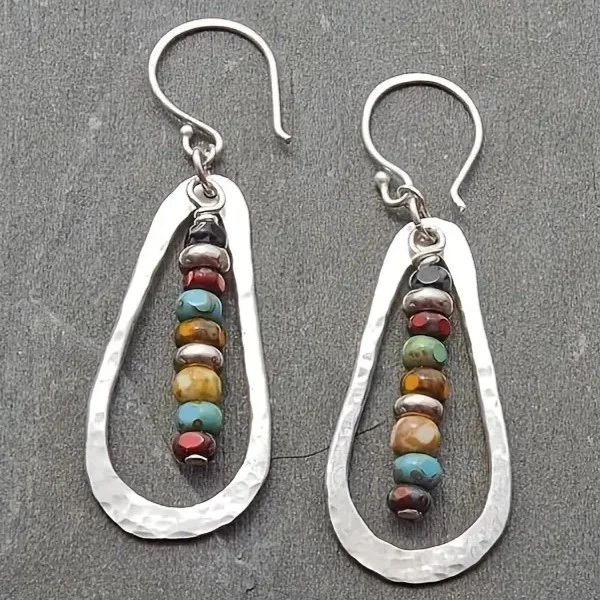 Handmade Harmmered Water Drop w/Tiny Beads Hook Earrings - Silver Tone