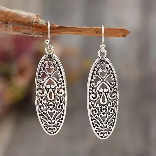 Filigree Oval Long Pattern Drop Hook Earrings - Silver Tone
