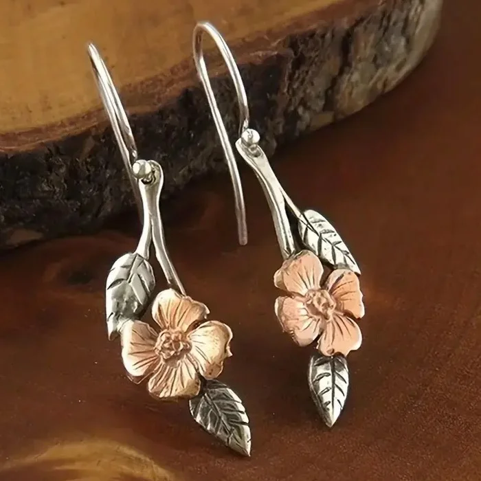 Vintage Flower Dangle Hook Earrings - Silver Tone