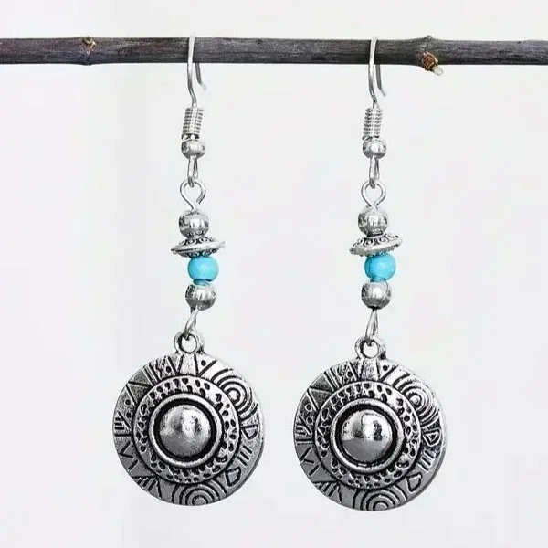 Handmade Bohemian Disc Drop Hook Earrings - Silver Tone
