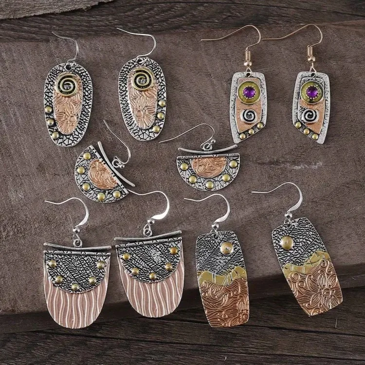 5 Antique Geometric Shape Engraved Pattern Drop Hook Earrings - Bronze Tone