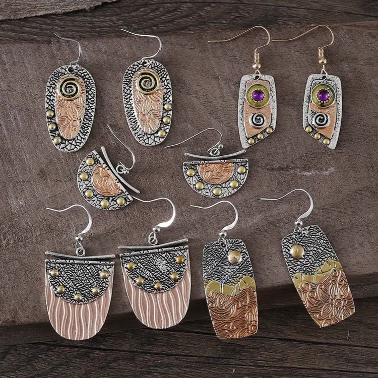 5 Antique Geometric Shape Engraved Pattern Drop Hook Earrings - Bronze Tone