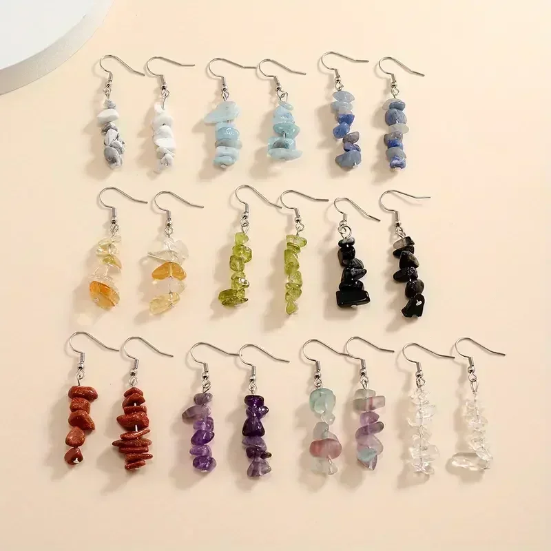 10 Pairs Handmade Natural Stone Drop Hook Earrings - Silver Tone