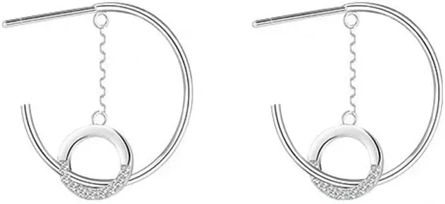 Fancy Circle Tangle Geometric C-shaped Niche Stud Earrings - Silver Tone